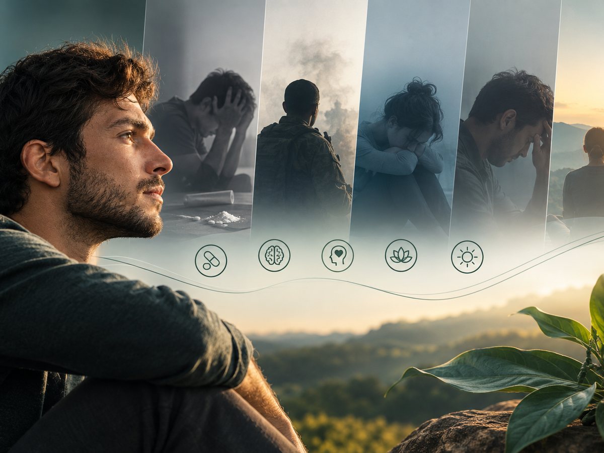 Homem em silêncio observa o horizonte ao amanhecer, enquanto lembranças de sofrimento se dissolvem ao fundo